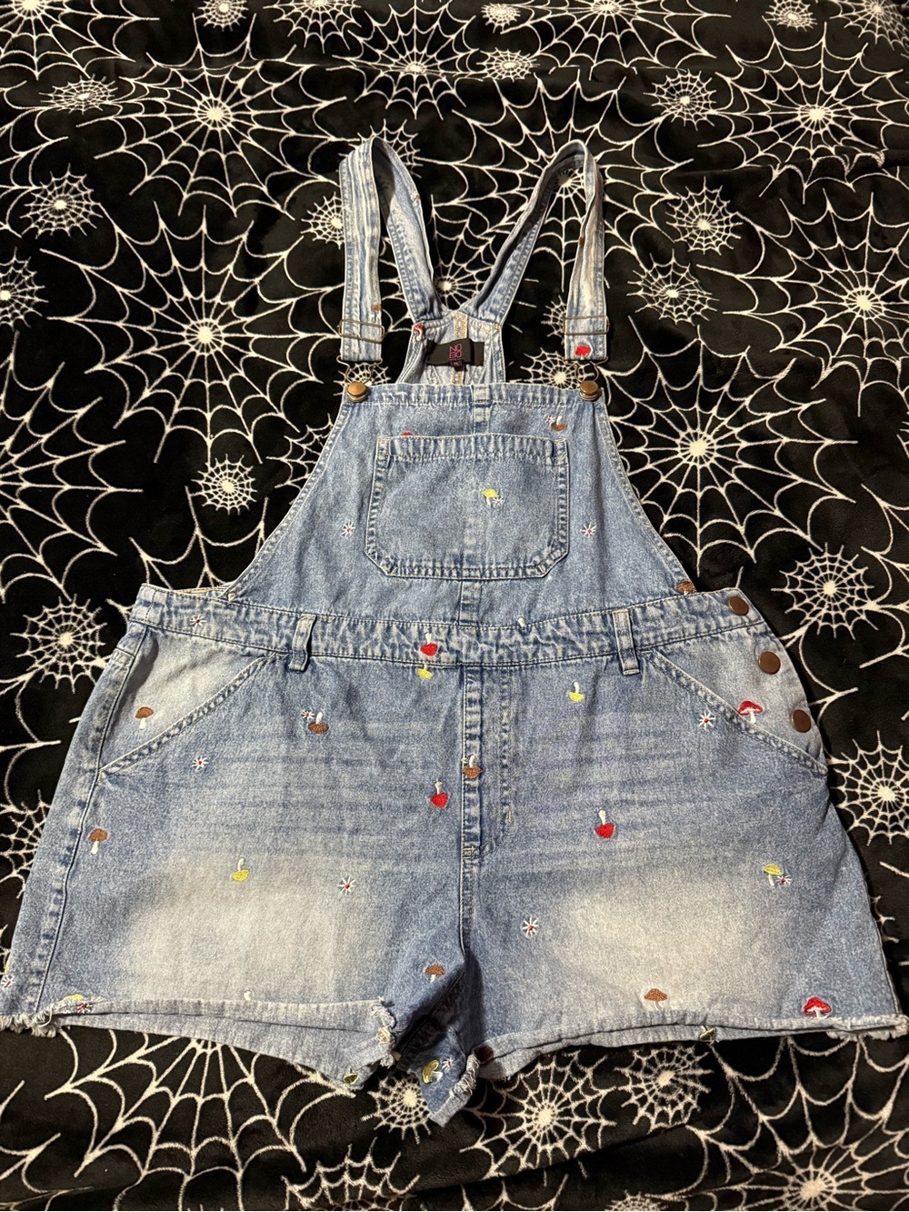 NOBO Light Blue Denim Short Overalls with Tiny Mushroom Embroidery